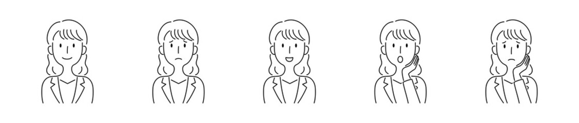 手描き風・様々な表情をする女性のベクターイラスト