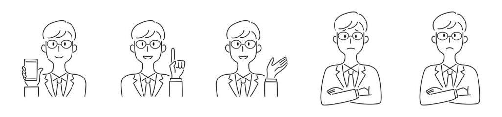 手描き風・様々な表情をするをする男性のベクターイラスト