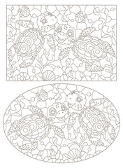 A set of contour illustrations in the style of a stained glass window with turtles on a sea day background, dark outlines on a white background