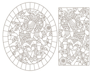A set of contour illustrations of stained glass cats on a background of flowers, dark outline on a white background