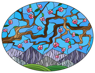 Illustration in the style of a stained glass window with a landscape, sakura branches against the background of mountains and sky