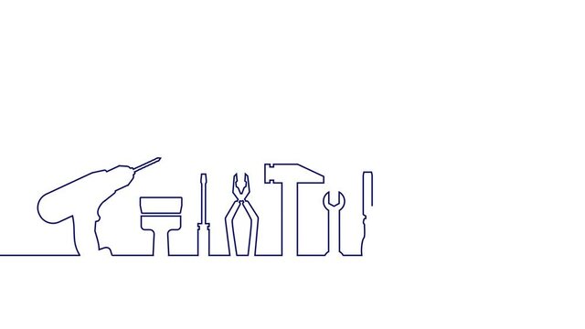Professional handyman services. Video with tools collection.  Silhouette drill, hammer, chisel, screwdriver, pliers, putty knife, wrench  on white background for your  design. Video. 4k Resolution.