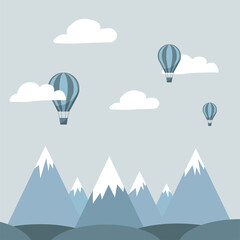 Simple vector landscape with mountains and balloons. Stock illustration.