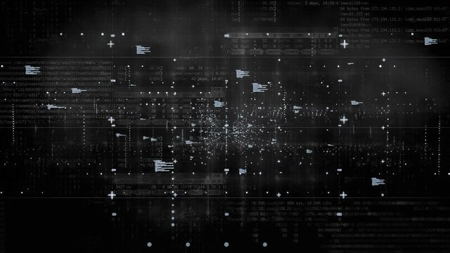 4k abstract dark digital grid data communication technology background footage. Data grid, math formulas and various business icons overlay