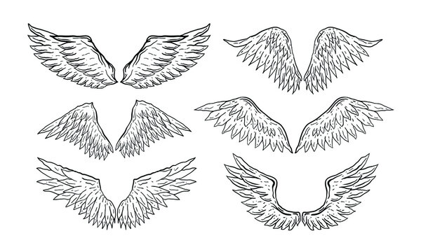 Set of vintage retro wings angels and birds isolated illustration in tattoo style. Premium Vector