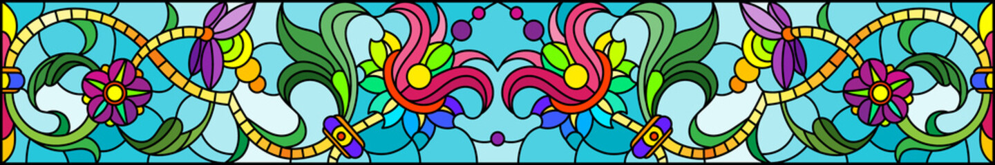 Illustration in stained glass style with abstract flowers, leaves and curls on a blue background, rectangular horizontal image