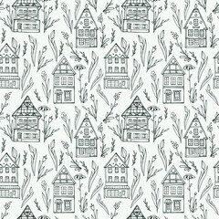 Naklejka premium Seamless pattern with old houses and giant flowers.