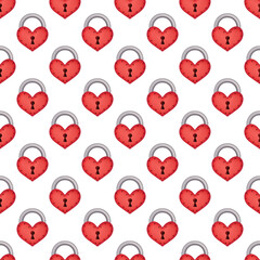 seamless pattern of red locks with hearts as symbol of love against white background