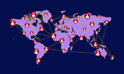 Connect People Network On World Map Illustration. Earth map with with user person icon Connections,  Communication and Social Media  Networks Concept. 
