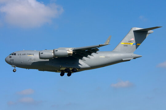 Luqa, Malta - January 27, 2008: US Force Boeing C-17A Globemaster III (Reg.: 01-0188) on finals runway 31 on a sunny winter day.
