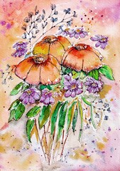 A hand drawn pen and ink watercolor illustration sketch and painting of flowers 