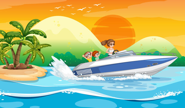 Ocean wave scenery with a woman driving a boat with children