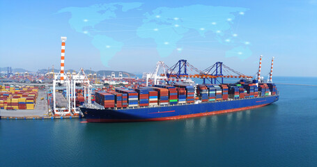 Aerial top view containers ship cargo business commercial logistic and transportation international...