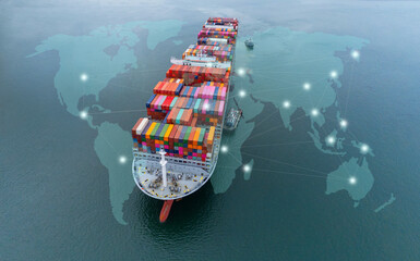 Aerial top view containers ship cargo business commercial logistic and transportation international import export by container freight cargo ship in the open seaport show ocean network on map - obrazy, fototapety, plakaty