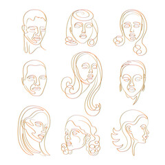 Set of isolated abstract fashion male and female faces drawn in one continuous line. Vector illustration