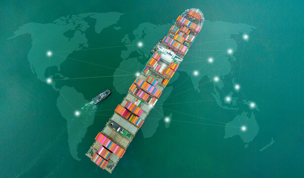 Aerial top view containers ship cargo business commercial logistic and transportation international import export by container freight cargo ship in the open seaport show ocean network on map
