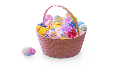 Easter illustration. Basket full of eggs. 3D stylized image