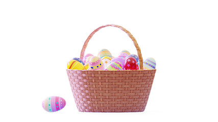 Easter illustration. Basket full of eggs. 3D stylized image