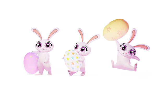 Easter illustration. Bunnies with eggs. Stylized 3D image.