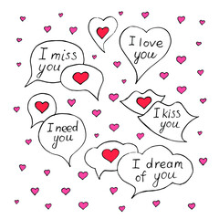 I miss you, I love you, I need you, I kiss you, I dream of you vector lettering in bubble isolated on white. Hand written greeting card template for Valentine's day. Modern calligraphy, hand lettering