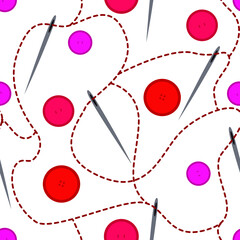 Seamless vector pattern. Buttons, needle and thread on a white background. Needlework. Red shades. Package. Print. Scrapbooking. Wallpaper.