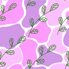 Seamless vector pattern. Green branch with leaves on a background of pink spots. Wrapping paper. Cover. Wallpaper. Background.