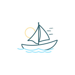 Simple Sailboat dhow ship line art logo design template with sun, wave and bird icon