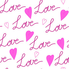 Seamless vector pattern. Lettering Love, hearts on a white background. Pattern in shades of pink. Valentine's Day. Wedding. Package. Wallpaper.