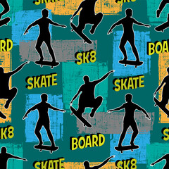 urban pattern for guys. skateboarder on multicolored grunge rectangles and text © Vitalii_ART
