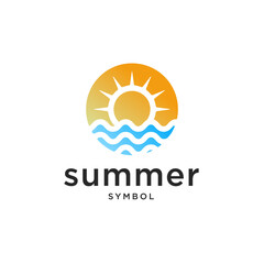 summer beach with wave and summer sun rays logo design template