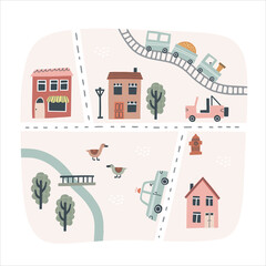 Cute town map. Hand drawn vector illustration for nursery