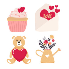 Hand drawn Valentine's Day objects. Cute pink elements isolated on white. vector illustration. February 14 gift collection. Funny Teddy Bear Cartoon with heart , envelope, cake, watering can, flowers