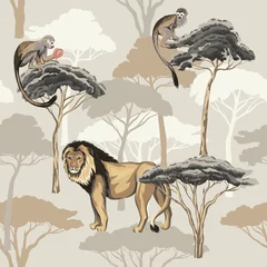 Tapeten Tropischer Vintager Tierlöwe, Affe, afrikanische Bäume, floraler, nahtloser Musterbeigehintergrund. Exotische Safari-Tapete. © good_mood