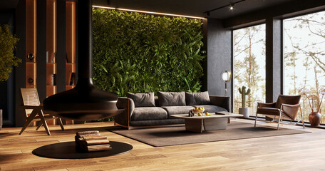 Vertical Green Wall in modern living room interior, 3d render  - obrazy, fototapety, plakaty
