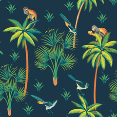 Tropischer Vintage-Vogel, Affe, Palmen floraler nahtloser Musterblauhintergrund. Exotische Dschungeltapete.