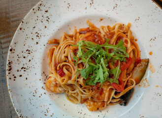 Traditional Italian pasta with seafood.