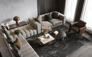 Stylish living room interior with design furnitre and elegant accessories, 3d render