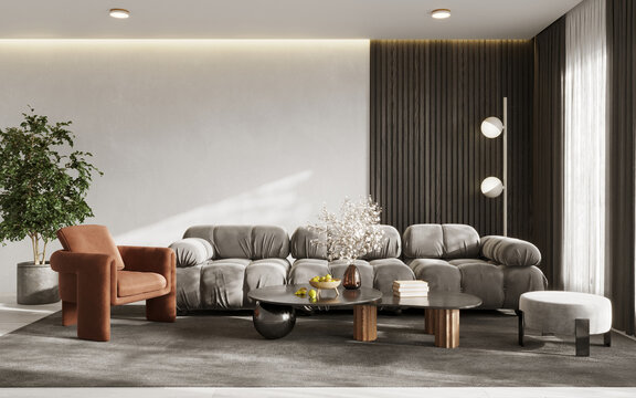 Stylish living room interior with design furnitre and elegant accessories, 3d render