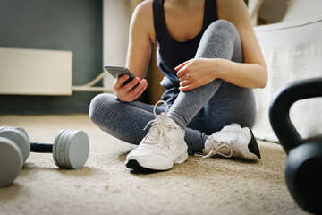 Sport and healthy woman after Workout at home.