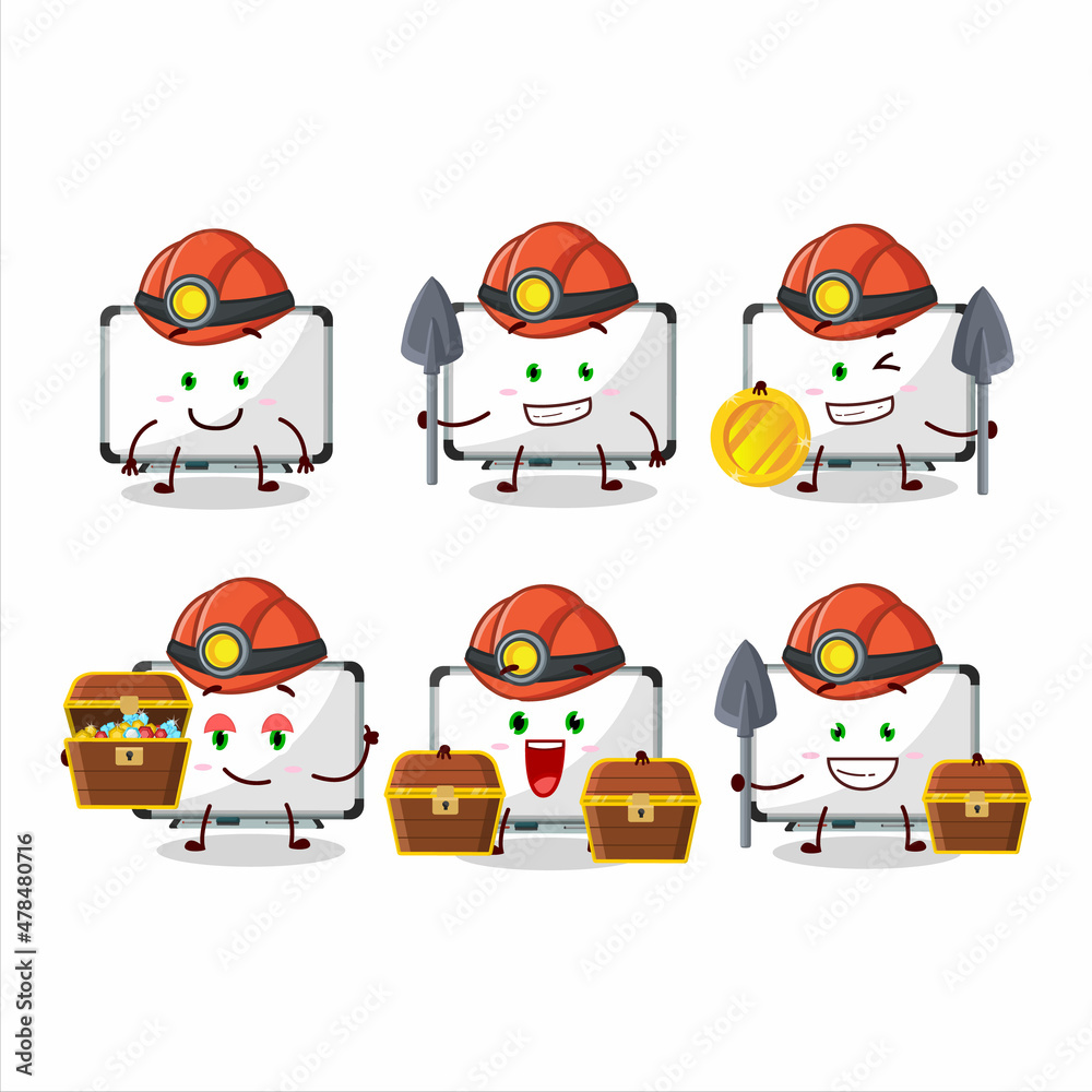 Poster miners white board cute mascot character wearing helmet