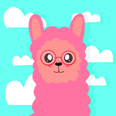 The muzzle of the pink alpaca llama animal. Cute cartoon kawaii. T-shirt, greeting card, poster print. Children's children's collection. Flat design. Blue background.