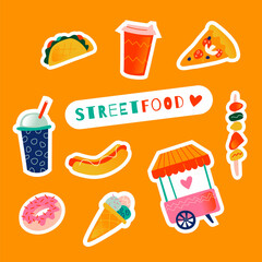 Set of stickers on the theme of street food in the city. Fast food items: hot dog, food truck, pizza, cold drink, such, donut, coffee, barbecue