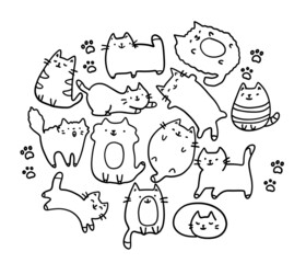 Cats pose hand drawn doodle collection.