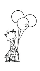 Cute giraffe with balloons in cartoon style. Valentine doodle