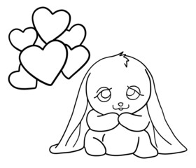 Cute bunny with hearts in cartoon style. Valentine doodle