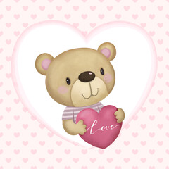 Valentines Day card with cute teddy bear hugging pink heart shaped pillow on heart pattern.