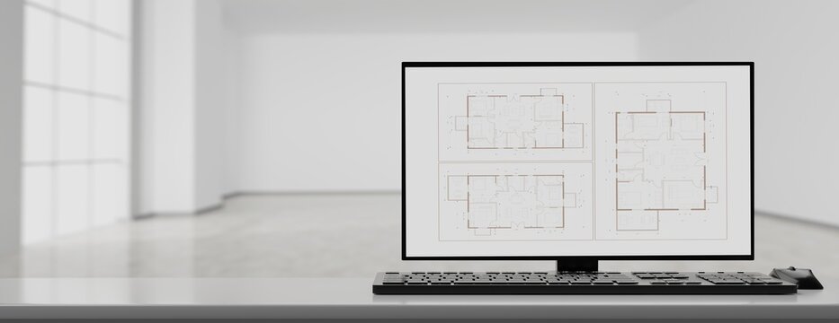Architect engineer office. Building project blueprint plan on a computer screen. 3d illustration