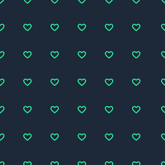 Neon lights seamless pattern on a dark blue background. Colorful green hearts. Ideal for printing, fabric, wrapping paper, cards, packaging, graphics. Birthday, Valentine's Day. Vector design.