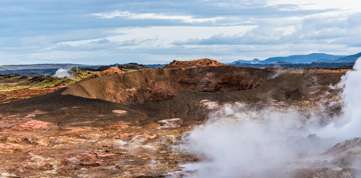 Vulcano crater and fumarola field panoramic view