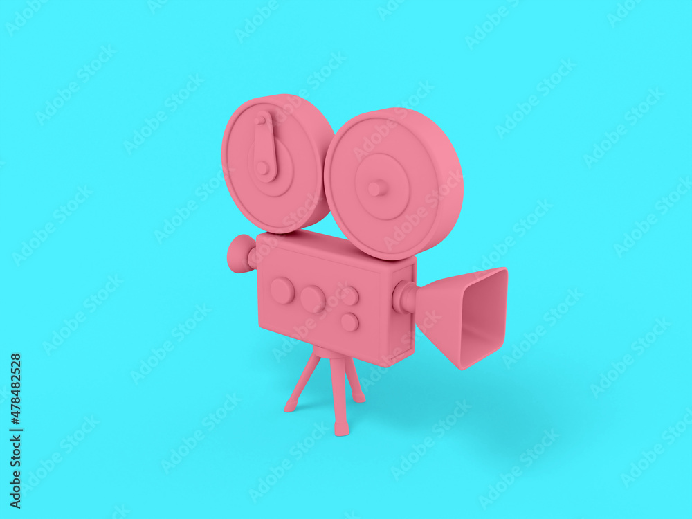 Poster pink mono color retro video camera on a blue solid background. minimalistic design object. 3d render